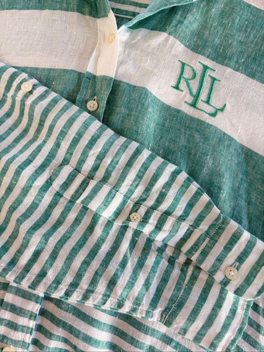 Lauren Ralph Lauren Oversized Striped Linen Shirt Green White Size M - Picture 8 of 12